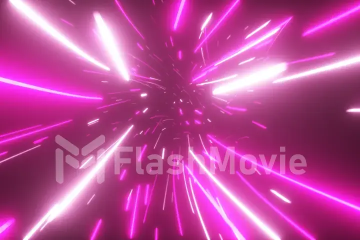 Flying in an abstract bright neon technology tunnel. Modern light. Hyper jump in data space. 3d illustration. Modern ultraviolet light spectrum.