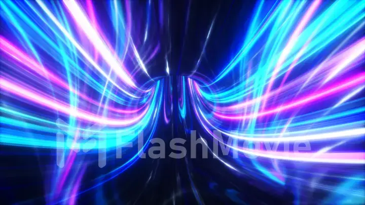 The speed of digital lights, neon beams moving through the tunnels of digital technology. Space time concept. 3d illustration