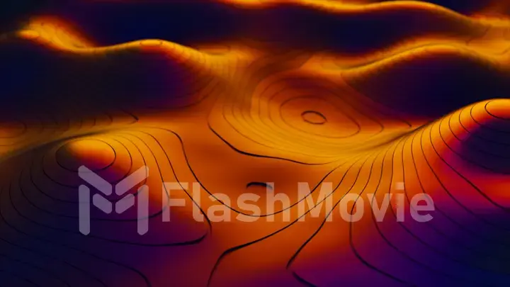 Abstract background of topographic map concept. Contour map stripes. Valleys and mountains. Geography concept. Wavy backdrop. Magic neon light curved swirl line. 3D illustration