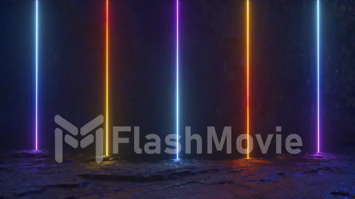 Vertical neon rays shine upward against a dark wall. Stone floor. Night club. Orange blue purple color. 3d illustration