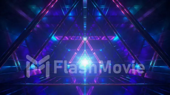 Abstract endless flight in a futuristic geometric metal corridor made of triangles. Modern blue purple neon lighting. Light at the end of the tunnel. 3d illustration