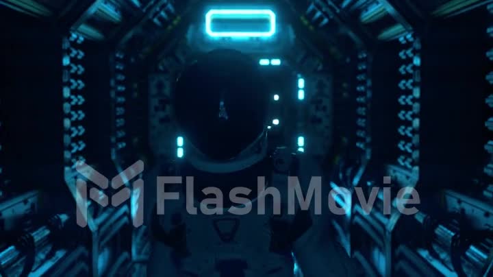 Astronaut walking in spaceship tunnel, sci-fi shuttle corridor. Futuristic abstract technology. Technology and future concept. Flashing light. 3D animation