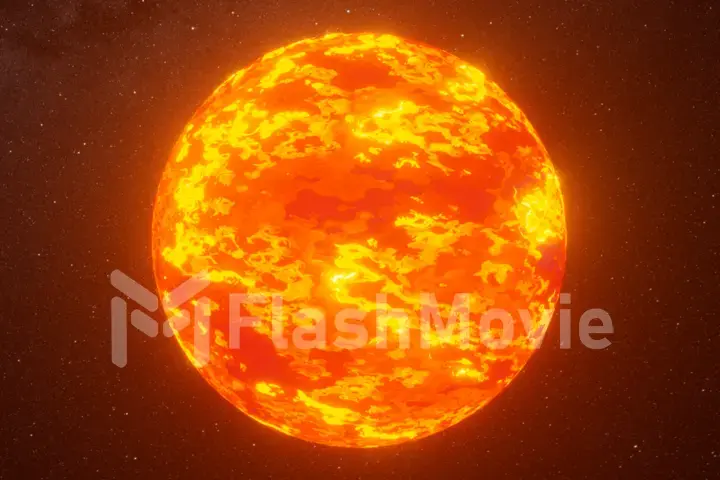 Sun surface with solar flares. The Sun spinning in space against 3D star background. 3d illustration