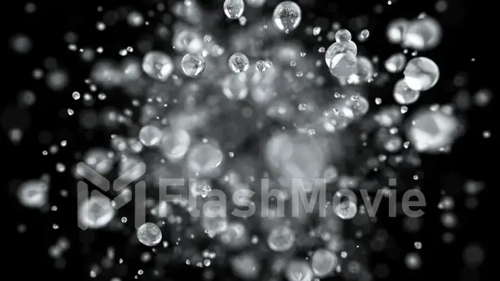 Explosion of water droplets into the camera in slow motion on an isolated black background. 3d illustration