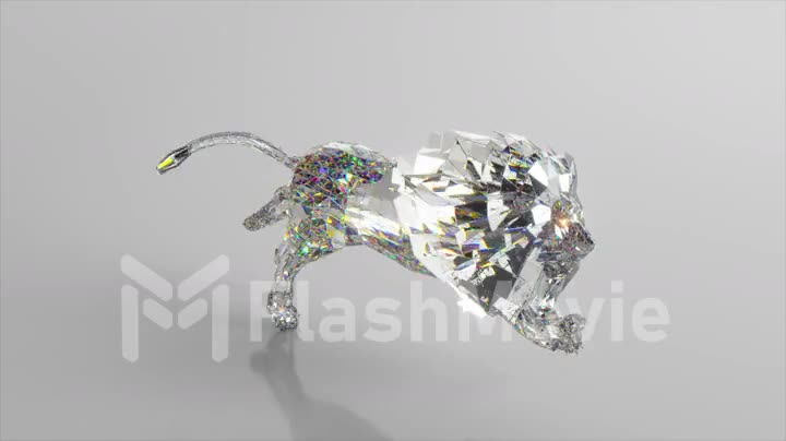 Running diamond lion. The concept of nature and animals. Low poly. White color. 3d animation of seamless loop