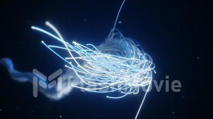 Spreading blue fiber wires in space. Camera movement for wires. The concept of distribution and transmission of information in the digital world. 3d illustration