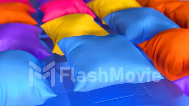 Close-up. Purple, yellow, orange, blue pillows inflate. Pillows float above the floor. 3d illustration