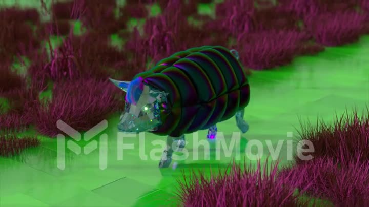 Diamond pig with blue bangs and stylish clothes walks along the road. Purple grass. 3d animation of seamless loop