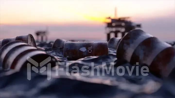 Empty oil barrels float on the surface of the oil sea at sunset. Toxic waste. Oil platforms offshore. Oil concept.