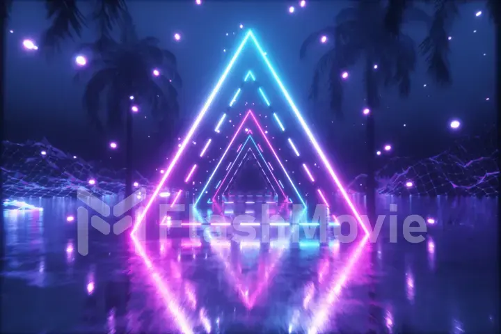 80's Abstract retro futuristic background. Beautiful 3d illustration with ultraviolet neon triangle modern lights. Retro wave stylization. Flying in space with particles and palm trees