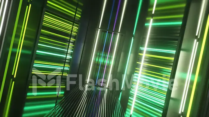 Bright neon lights in a metal room. Modern fluorescent light. Green yellow neon spectrum. 3d illustration