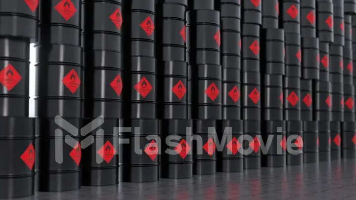 Warehouse with black oil barrels. Combustible flammable materials. Life threatening. Embargo. 3d illustration