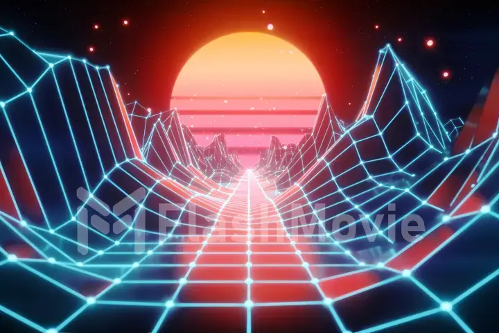 Retro futuristic flight in space with a polygonal mesh on the generated hills and floor. Concept 80s 90s. Fantastic abstract neon background. 3d illustration