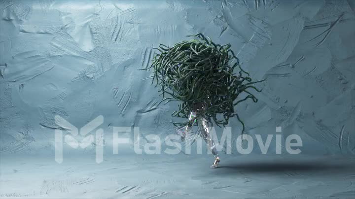 Abstract concept. A hairy figure in the shape of a man dances against a white wall. Green hair. 3d animation