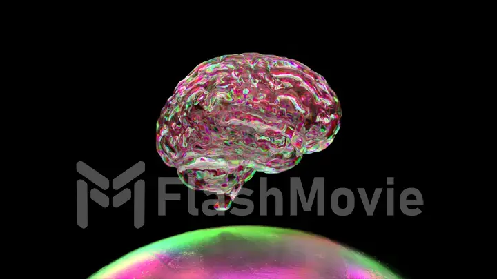 Abstract concept. The diamond brain melts and spreads over the metal sphere. Black isolated background.