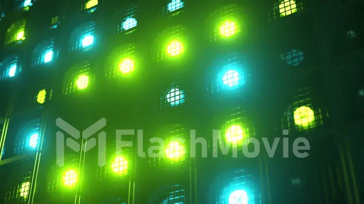 Flashing wall lights. Flashing lights Lanterns for clubs and discos. Matrix beam headlights. Nightclub halogen lamp. 3d illustration. Green light