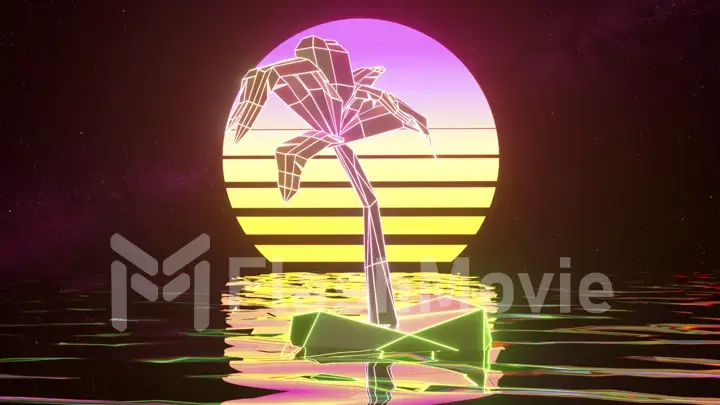 Retrowave. 3d illustration of vintage 80's gradient colored sunset with palm trees. Yellow pink color. Close-up. Ocean.