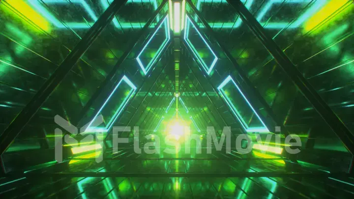 Abstract endless flight in a futuristic geometric metal corridor made of triangles. Modern green neon lighting. Light at the end of the tunnel. 3d illustration