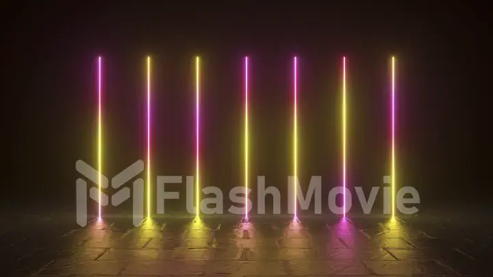 Vertical neon rays shine upward against a dark wall. Night club. Pink yellow color. Tiled floor. 3d illustration