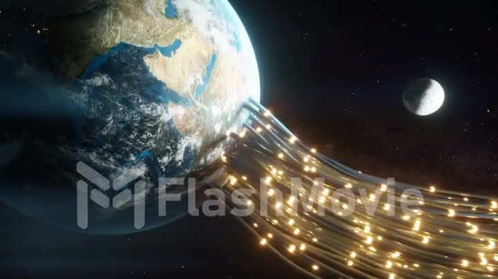 Wires passing through the planet earth and giving it energy. The pulses run along the fiber optic. Technological concept. 3d render