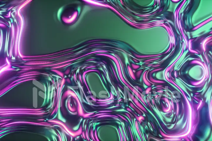 Abstract glowing 3d render holographic oil surface background, foil wavy surface, wave and ripples, ultraviolet modern light, neon blue pink spectrum colors. 3d illustration