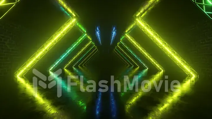 Abstract neon background flying forward through the corridor, glowing green blue lines appear. 3d illustration