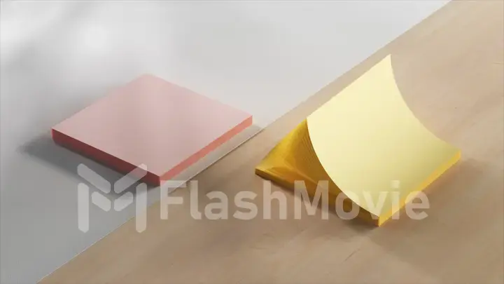 Top view of stacks of office stickers. Stationery. Adhesive colored paper. Open and close like a fan. Pink yellow color