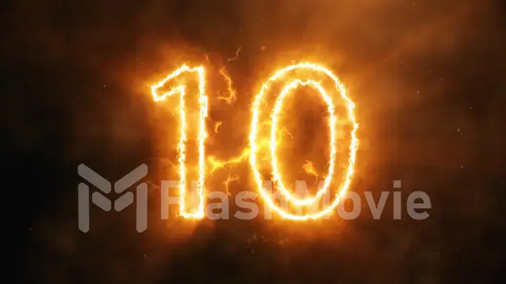 Realistic fire countdown with smoke and cloud. The fire counts from ten to zero. Abstract epic counter 3d illustration. Number 10