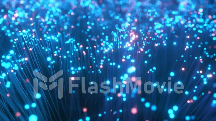 Fiber optic wires with flashing signals. Digital data transmission via fiber optic cable. Bouquet of colored optical fibers with bokeh. Technology concept. 3d illustration