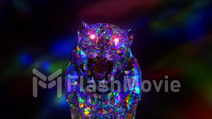 Snarling diamond tiger. Nature and animals concept. Lowpoly. Blue neon color. Symbol of 2022. 3d Illustration