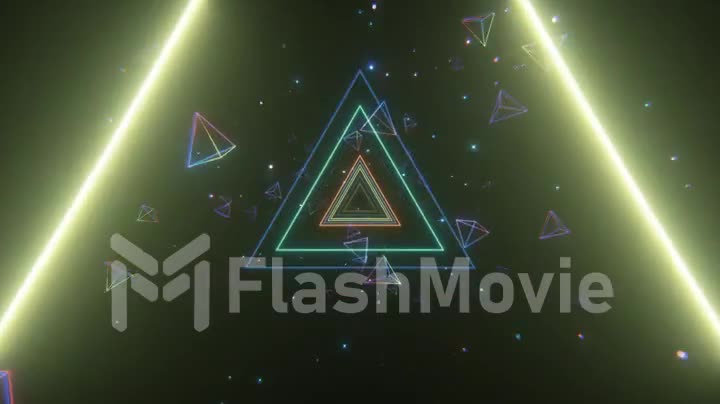 An endless tunnel of luminous multicolored neon triangles for music videos, night clubs, LED screens, projection show, video mapping, audiovisual performance, fashion events. Seamless loop 3d render