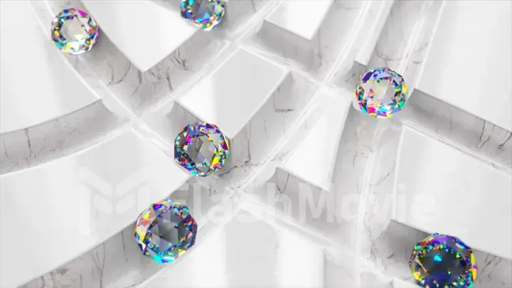 Game concept. Diamond balls roll across the white marble labyrinth. White blue diamond sphere. 3d Illustration.