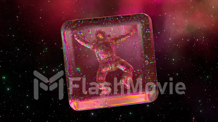 Diamond astronaut inside a transparent cube. Space abstract Background. Pink neon color. 3d illustration.