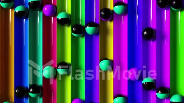 Bright colorful background with rolling balls along the paths. Minimalism and fashion concept. 3d animation of a seamless loop