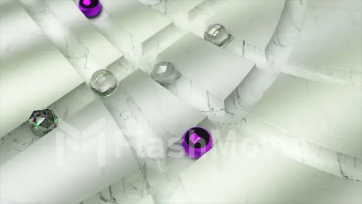 Diamond and metal and glass balls roll through the white marble labyrinth. White purple color. 3d Illustration