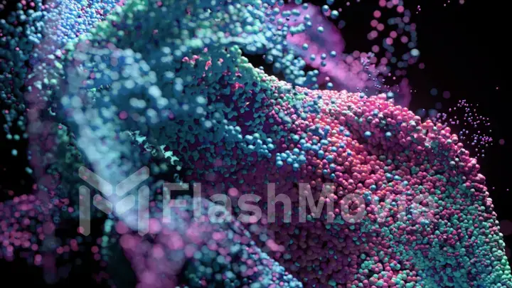 Whirlwind of colored particles on a black isolated background. Video animation with surreal liquid color mixing splash