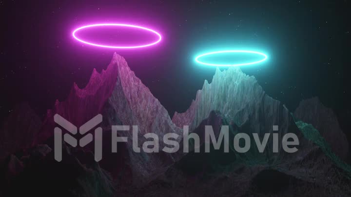 Beautiful minimalist fantastic landscape. Bright neon circles among the mountains against the background of a rotating night starry sky. Seamless loop 3d render. Blue pink spectrum