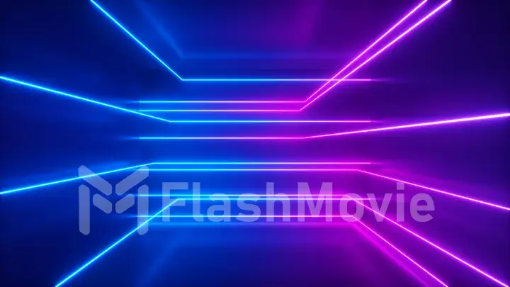 Abstract background, moving neon rays, luminous lines inside the room, fluorescent ultraviolet light, blue red pink violet spectrum, 3d illustration