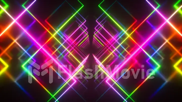 Abstract flying in futuristic corridor background, fluorescent ultraviolet light, mirror lines laser neon lines, geometric endless tunnel, 3d illustration, multicolored spectrum