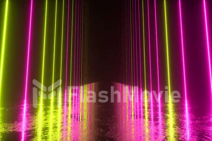 Endless corridor with neon lines tending up. Metal reflective scratched floor. 3d illustration. Modern colorful neon light spectrum