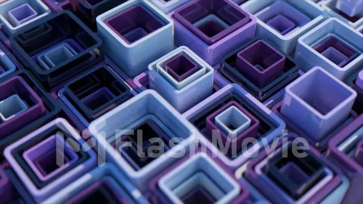 Colored square pipes of different heights are stacked inside each other. Abstraction. Blue purple color. 3d illustration