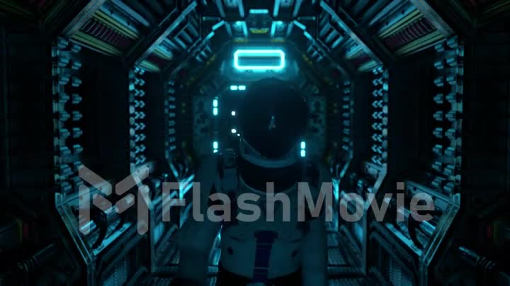 Astronaut walking in spaceship tunnel, sci-fi shuttle corridor. Futuristic abstract technology. Technology and future concept. Flashing light. 3D animation