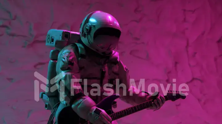Astronaut musician plays the guitar on the background of a limestone wall. Purple neon lighting. Universe Disco Party.