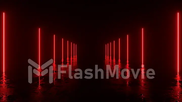 Futuristic sci fi bacgkround. Red neon lights glowing in a room with concrete floor with reflections of empty space. Alien, Spaceship, Future, Arch. Progress. 3d illustration