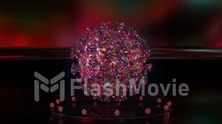 Rotating diamond 3d corona virus. Neon lighting. Glass 3D model. 3d illustration