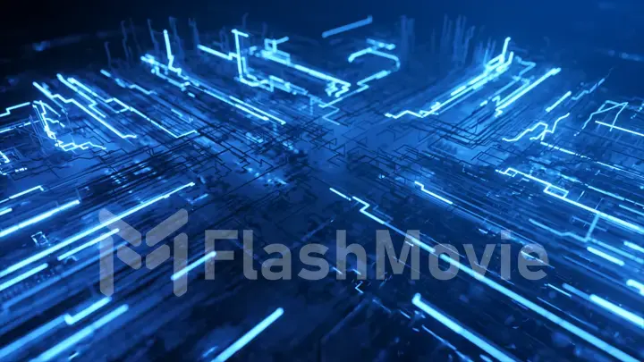 Abstract technological background from a fiber optic glowing beam spreading in the digital space. Data transmission in the futuristic industry. Colorful blue digitalization process. 3d illustration