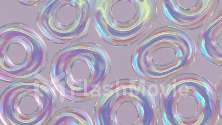 Bubble rainbow. Transparent inflatable rings fly, repel and gather together. Ease. Pearl. 3d illustration