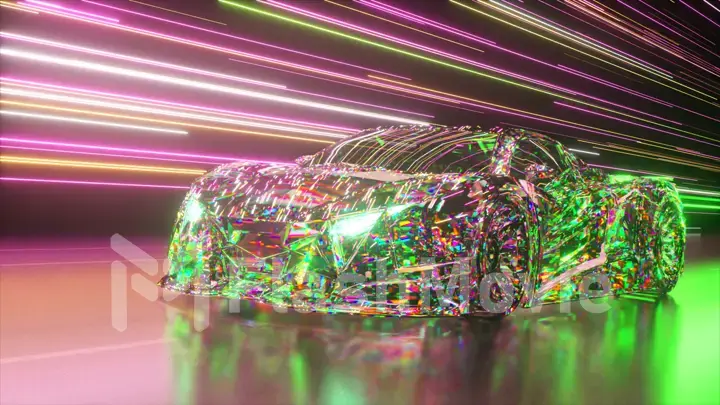 Futuristic concept. Diamond sports car on the background of glowing neon lines. Green neon laser. 3d Illustration