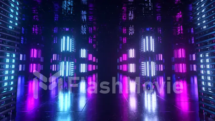 A long futuristic corridor with a technological interior. Neon light moving rapidly from the end of the tunnel. Sci fi room. Seamless loop 3d animation