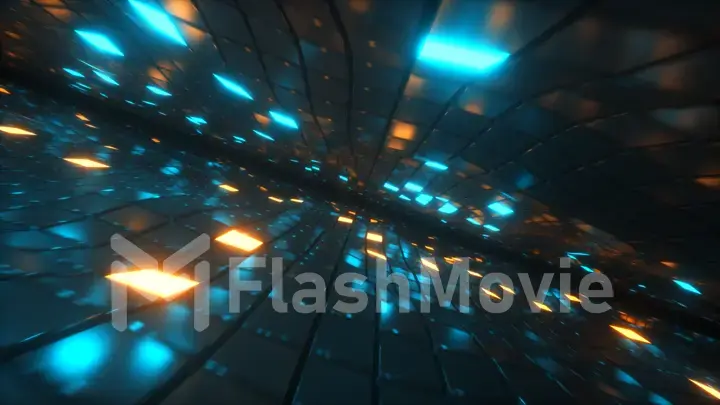 Abstract flying in endless space of neon and metal cubes. Modern blue orange color spectrum of light. 3d illustration